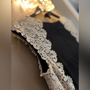 Black XSCAPE Cocktail Dress with Gold Lace Details, Size 10